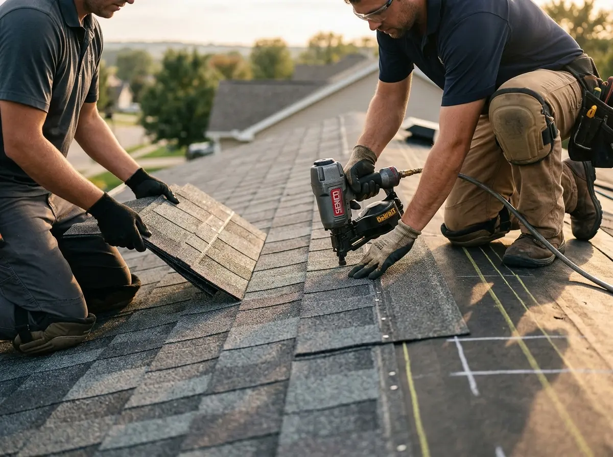 Professional roofer working on a residential roof in Loudon